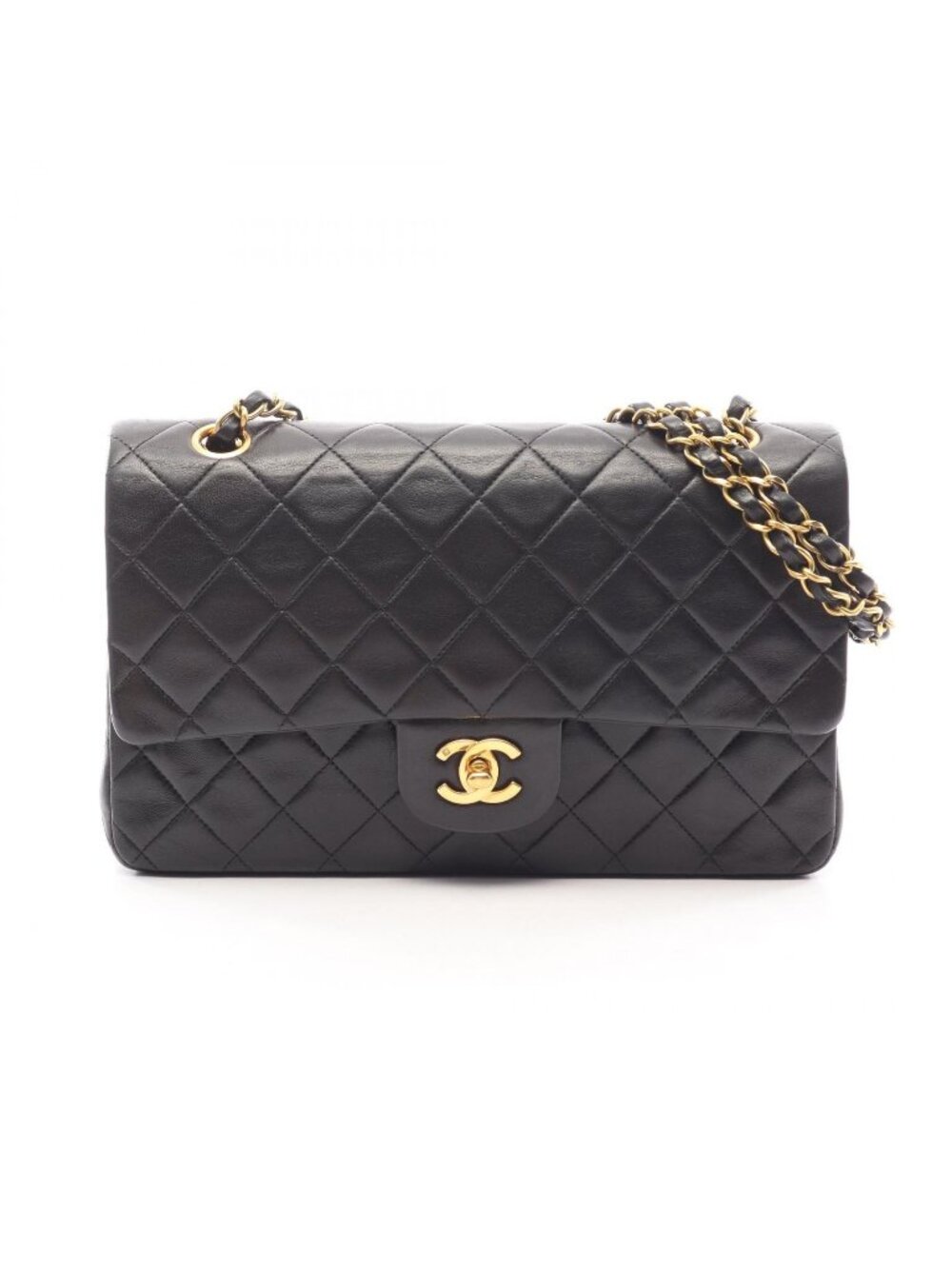 Chanel Shoulder Bag Quilted Double Flap Black Lambskin Chain